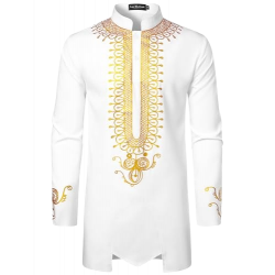 LM Men's African Attire Dashiki Metallic Foil Print Long Sleeve