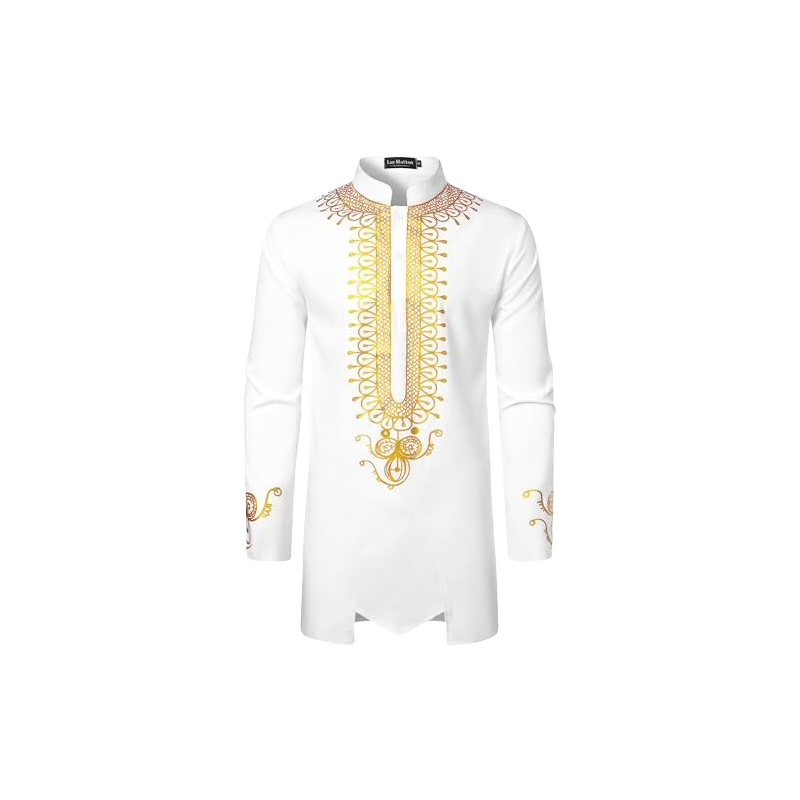 LM Men's African Attire Dashiki Metallic Foil Print Long Sleeve