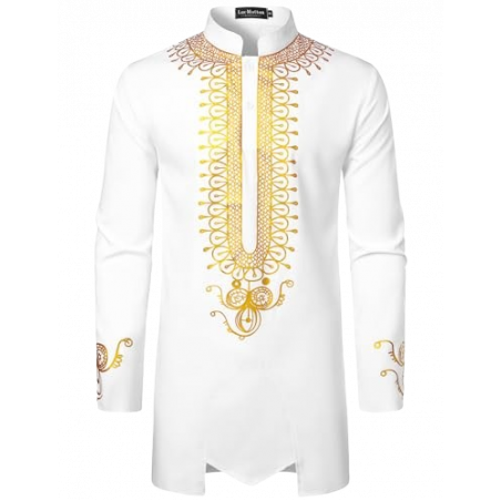 LM Men's African Attire Dashiki Metallic Foil Print Long Sleeve