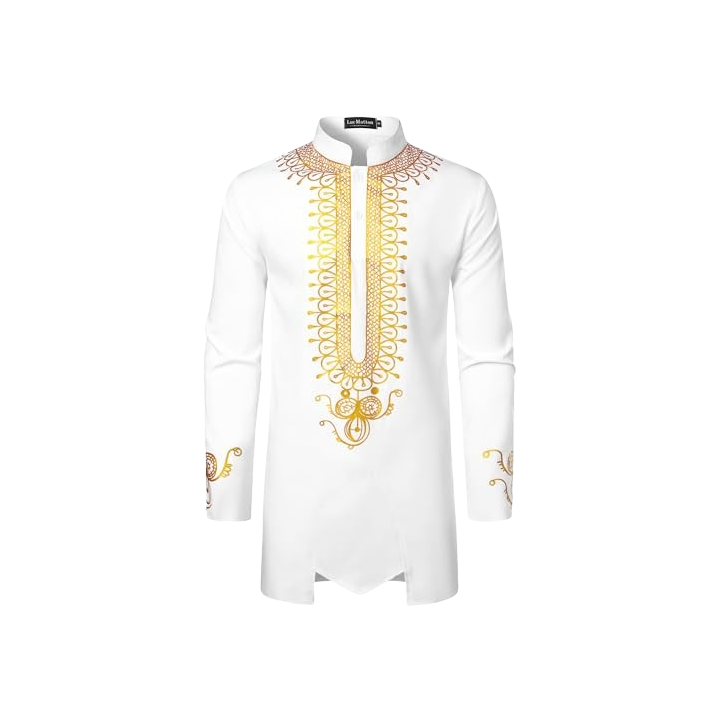 LM Men's African Attire Dashiki Metallic Foil Print Long Sleeve