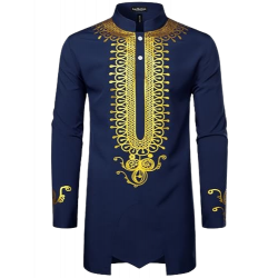 LM Men's African Attire Dashiki Metallic Foil Print Long Sleeve