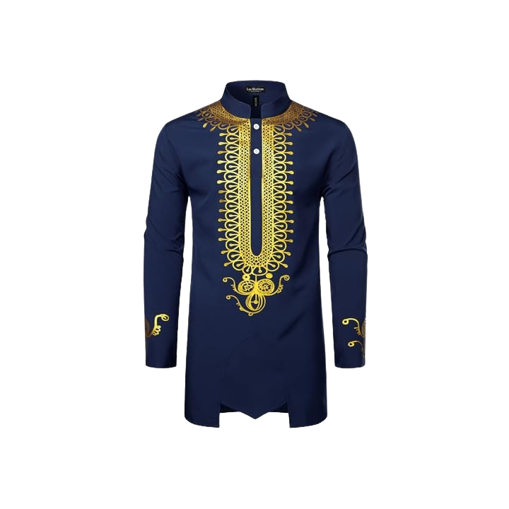 LM Men's African Attire Dashiki Metallic Foil Print Long Sleeve